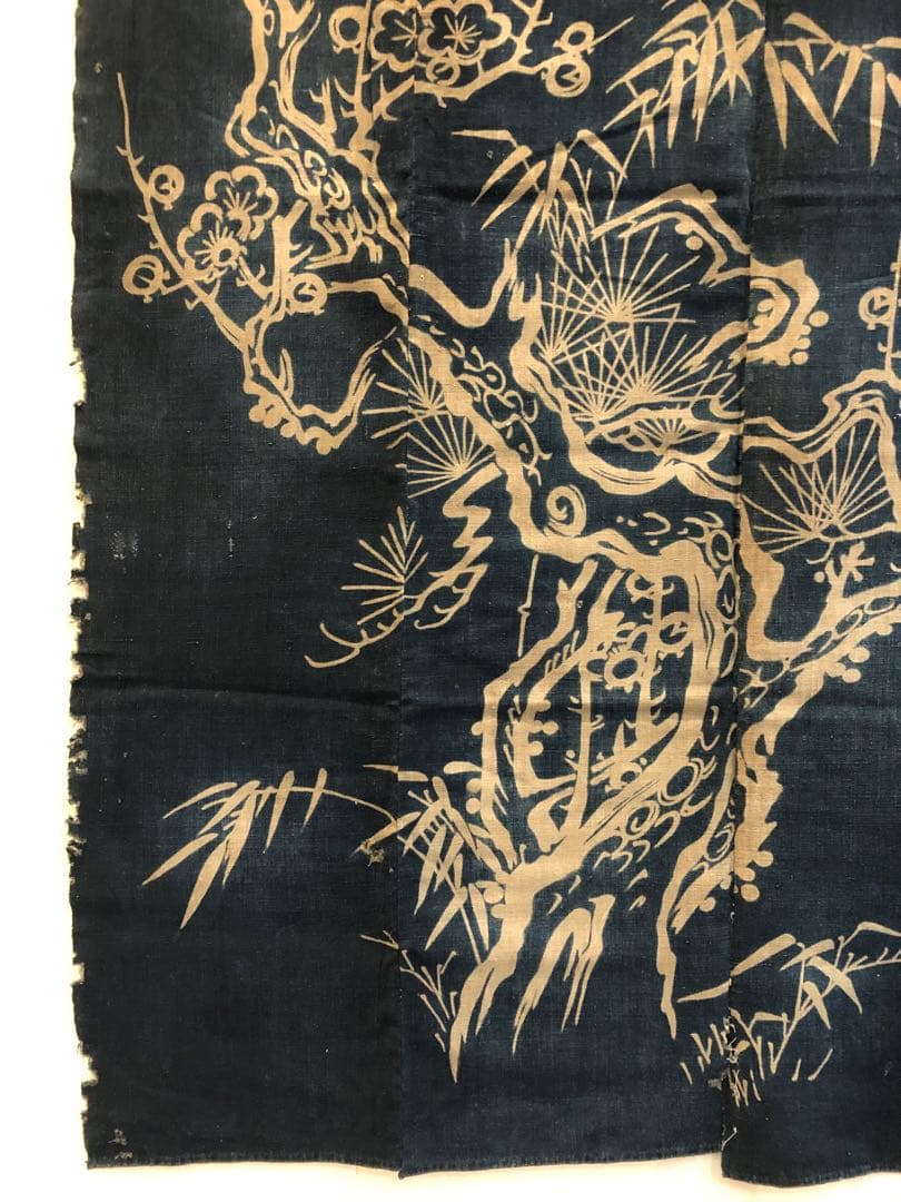 藍染筒描き三巾加賀のれん時代物木綿古布　ソ-182