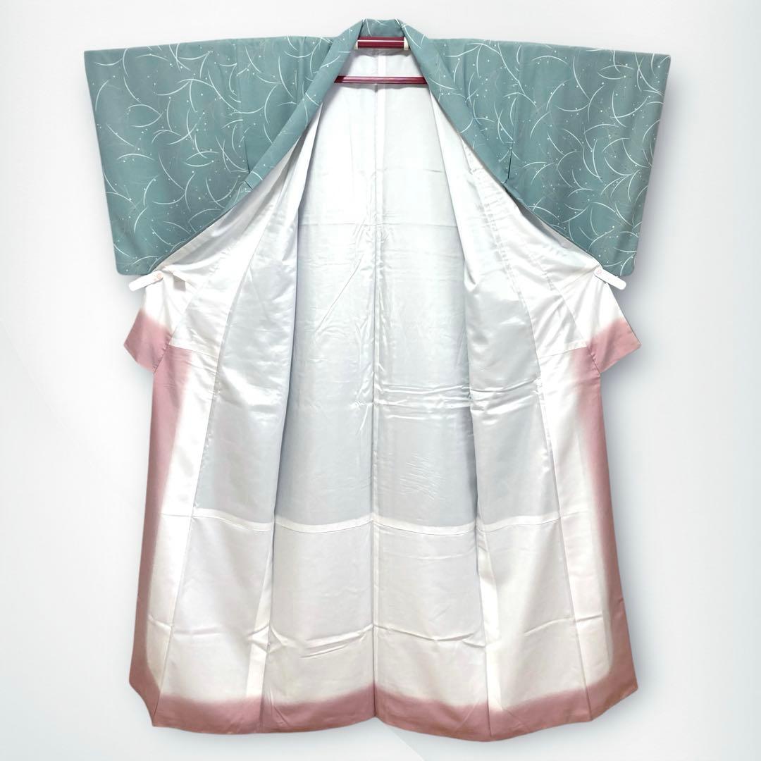 【美品✨】東レシルック　洗える着物　小紋　緑みのグレー　葉と実　袷　F1