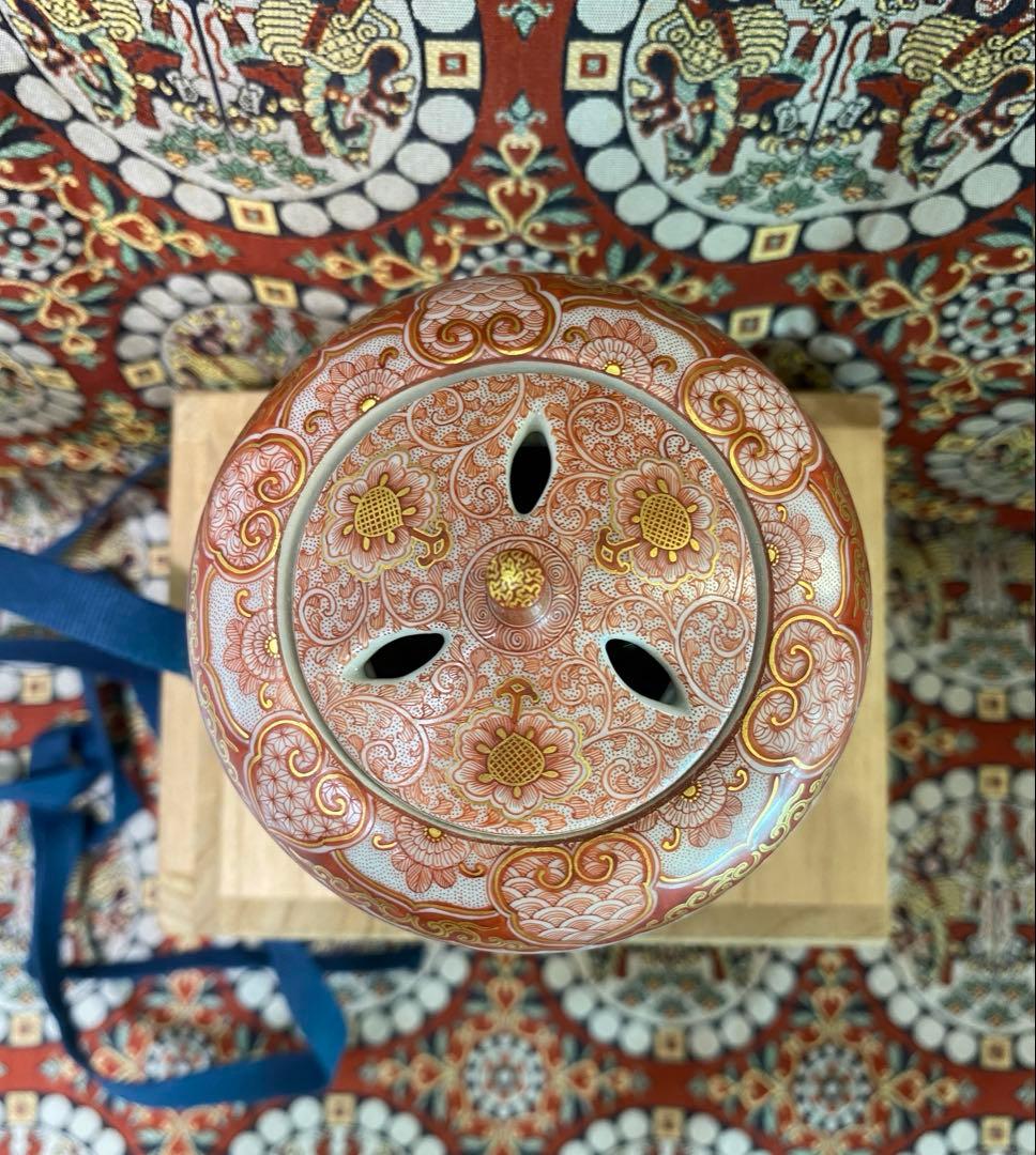 福島武山 赤絵虎渓三笑之図　香炉　香爐 九谷佐野窯