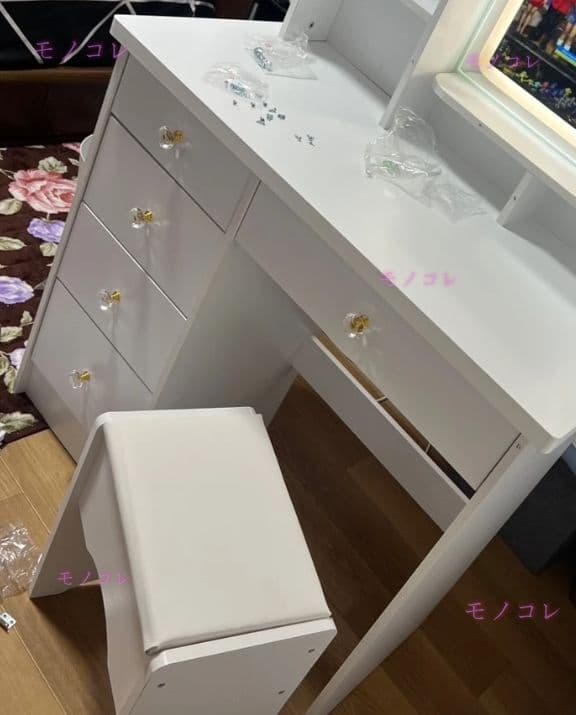 （モノコレ）ドレッサー 幅 80cm LED ライト スツール付き ホワイト
