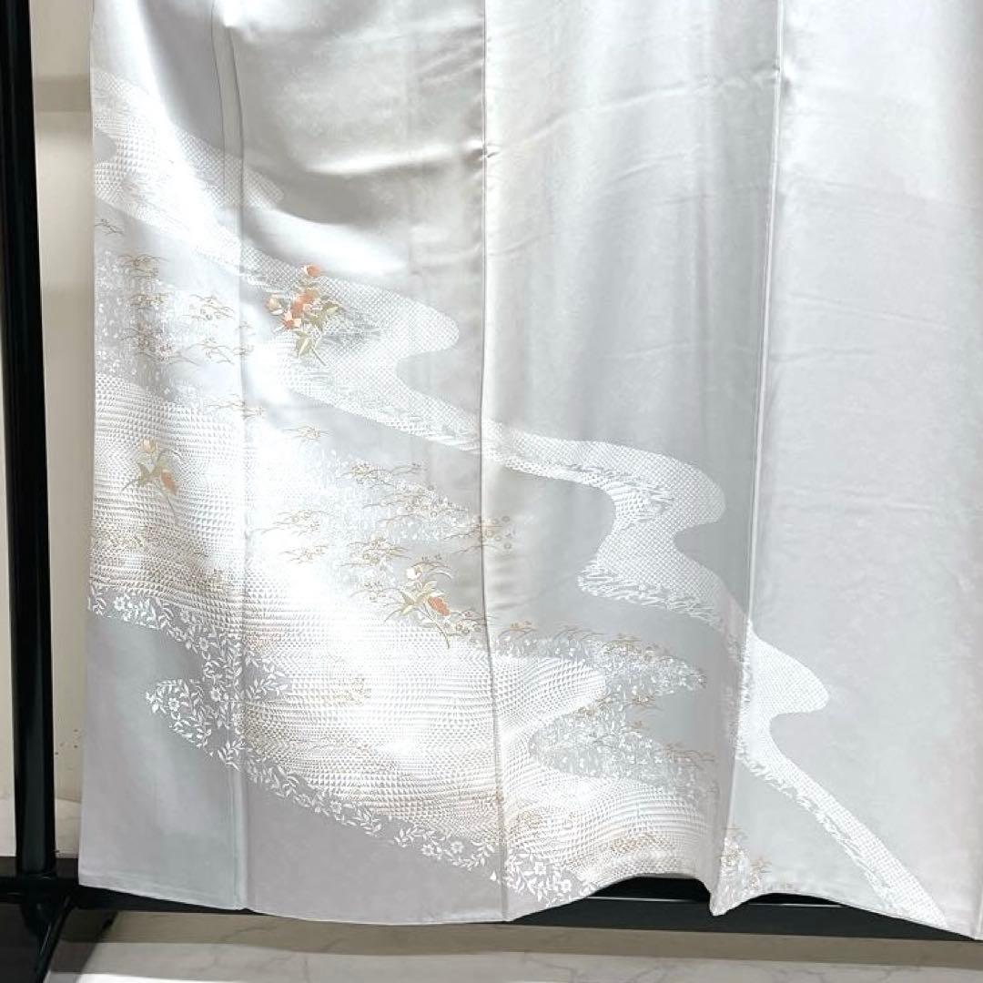 訪問着　刺繍　流水　撫子　芝草　蝶　菊　鱗　鹿の子　紋無し　着物　044k d