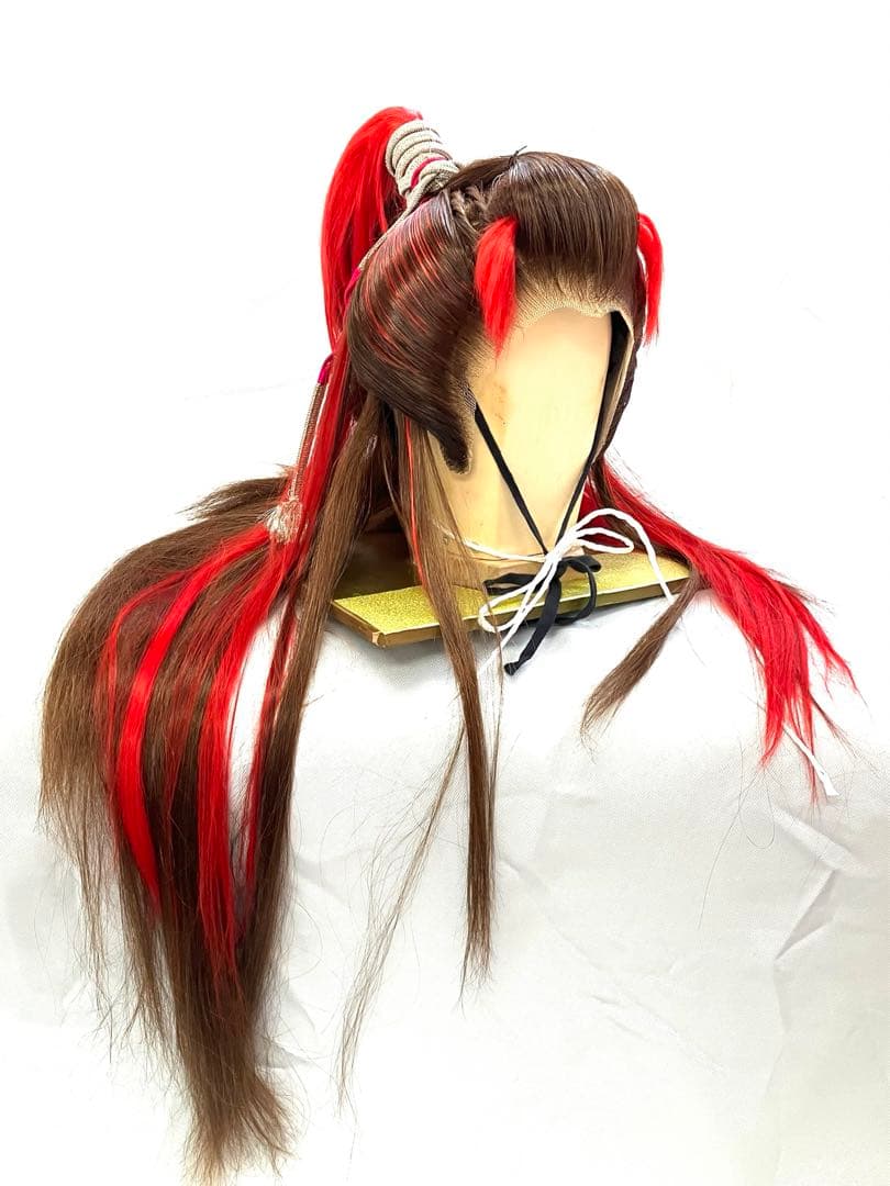 創作、中大サイズ(茶髪＋赤耐熱ファイバープラス)中古舞踊かつら、大衆演劇かつら