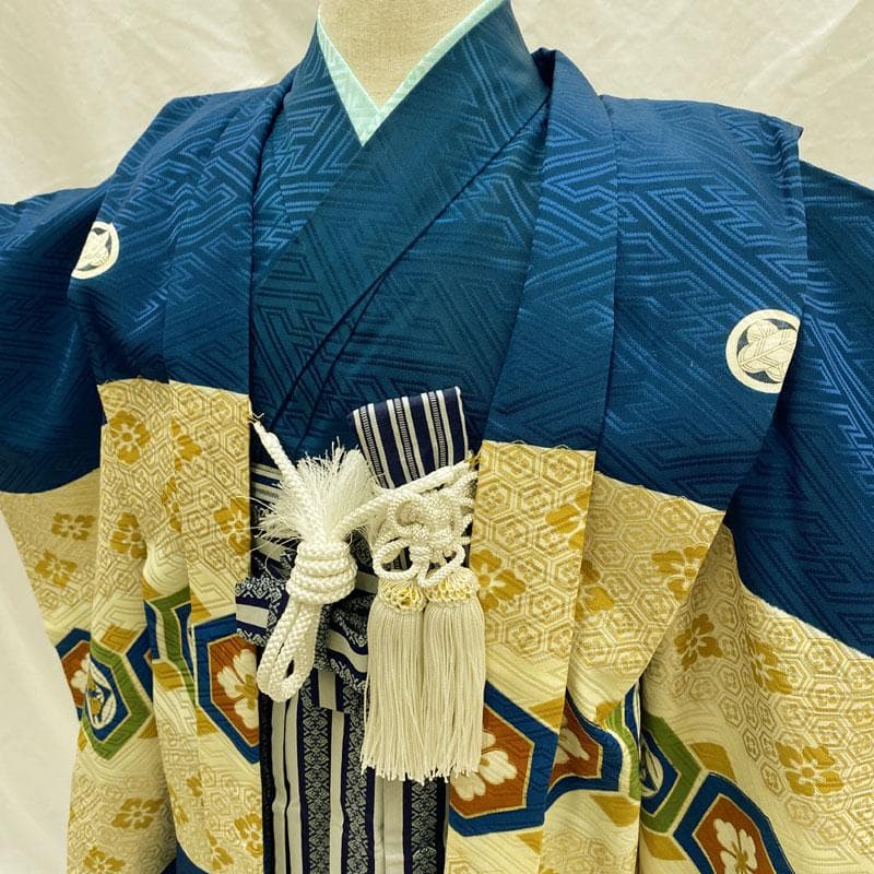 509ab47◎七五三 五歳 男児 着物&羽織&袴&角帯&長襦袢 亀甲 濃藍◎