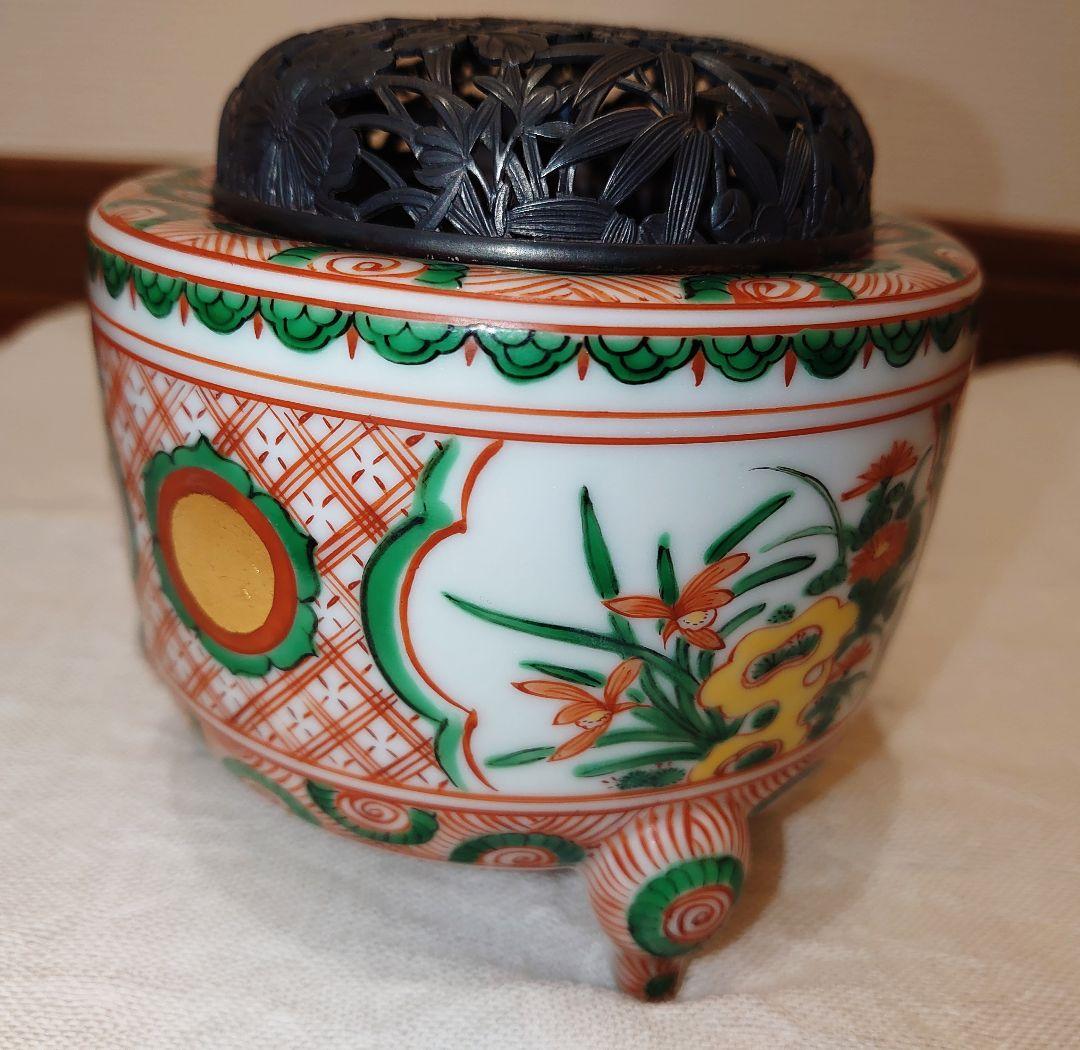 四代三浦竹泉 赤絵 香炉 純銀火屋 松興堂 金彩 四君子 アンティーク