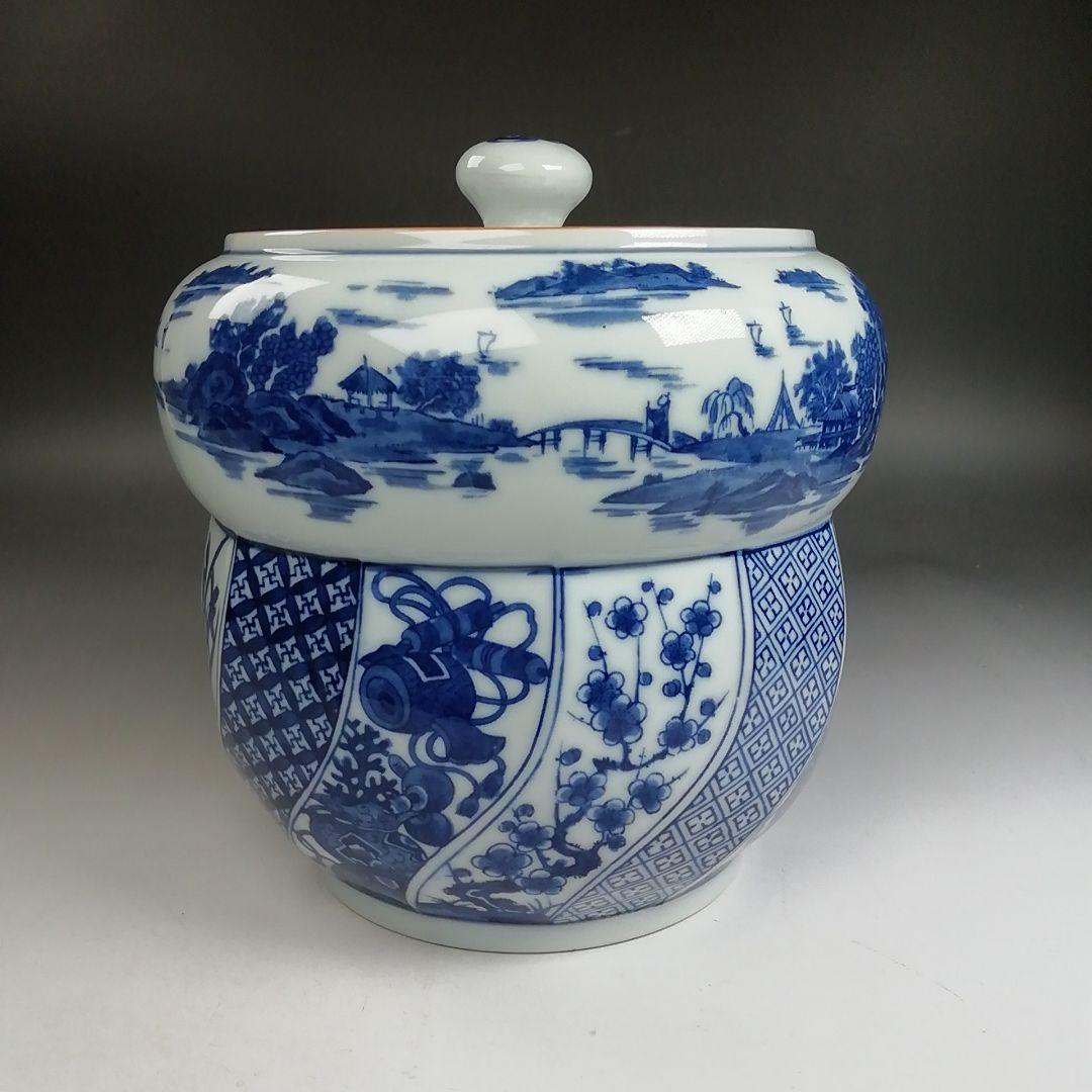 Ｗ２３４　水指　『染付　腰捻　水指』『塗替蓋付』『加藤郷山 造』　共箱　茶道具