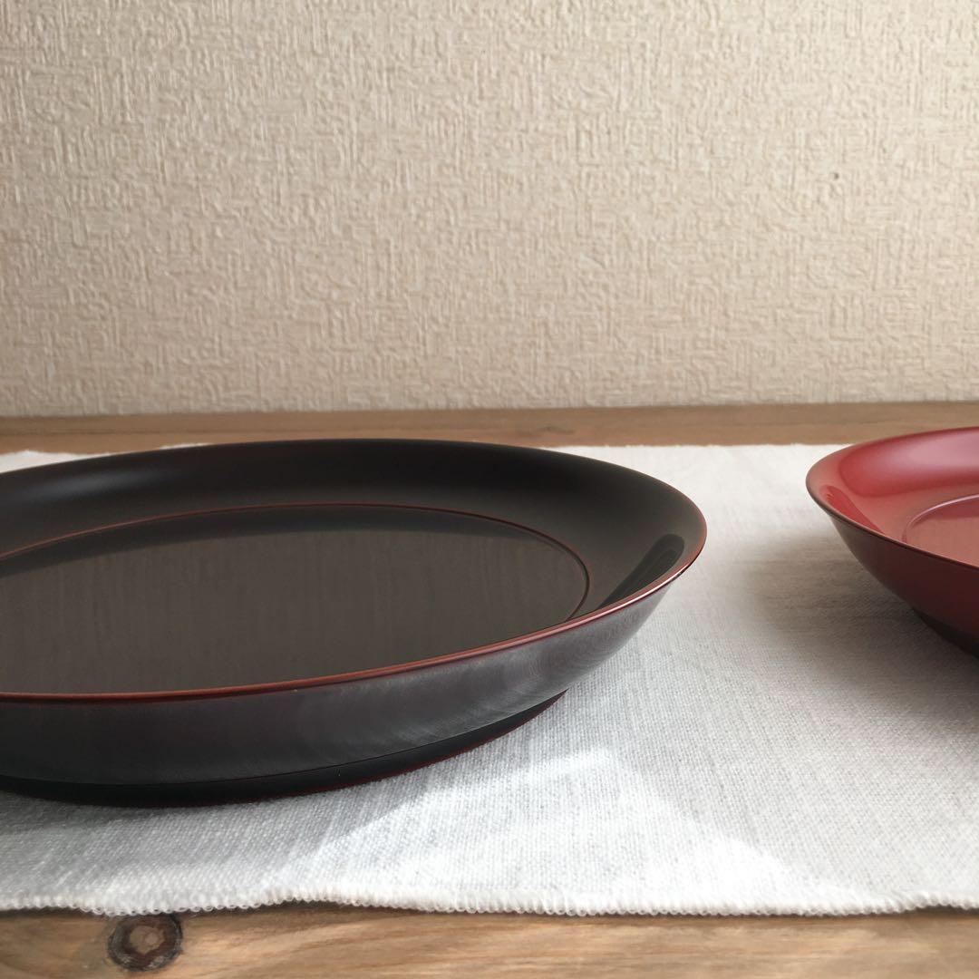 安比塗漆器工房8寸菓子皿トチ 溜 本朱 2個セット未使用品
