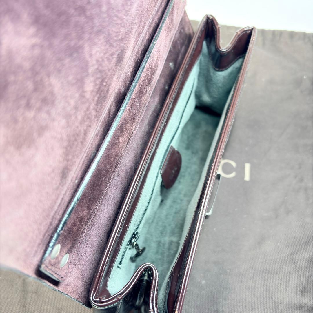 美品　GUCCI グッチ ショルダーバッグ エナメル ダークブラウン シルバー