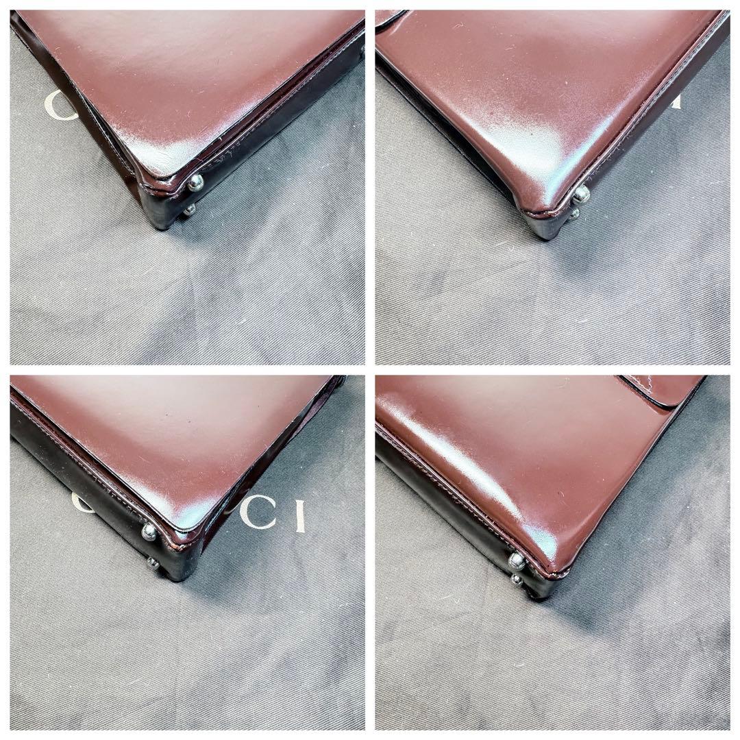 美品　GUCCI グッチ ショルダーバッグ エナメル ダークブラウン シルバー