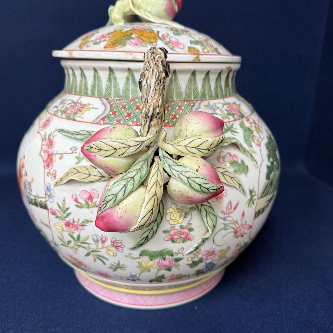 大清乾隆年製 大振り 蓋物 粉彩 桃 唐子 中国 唐物 時代 古玩 蔵出 骨董品