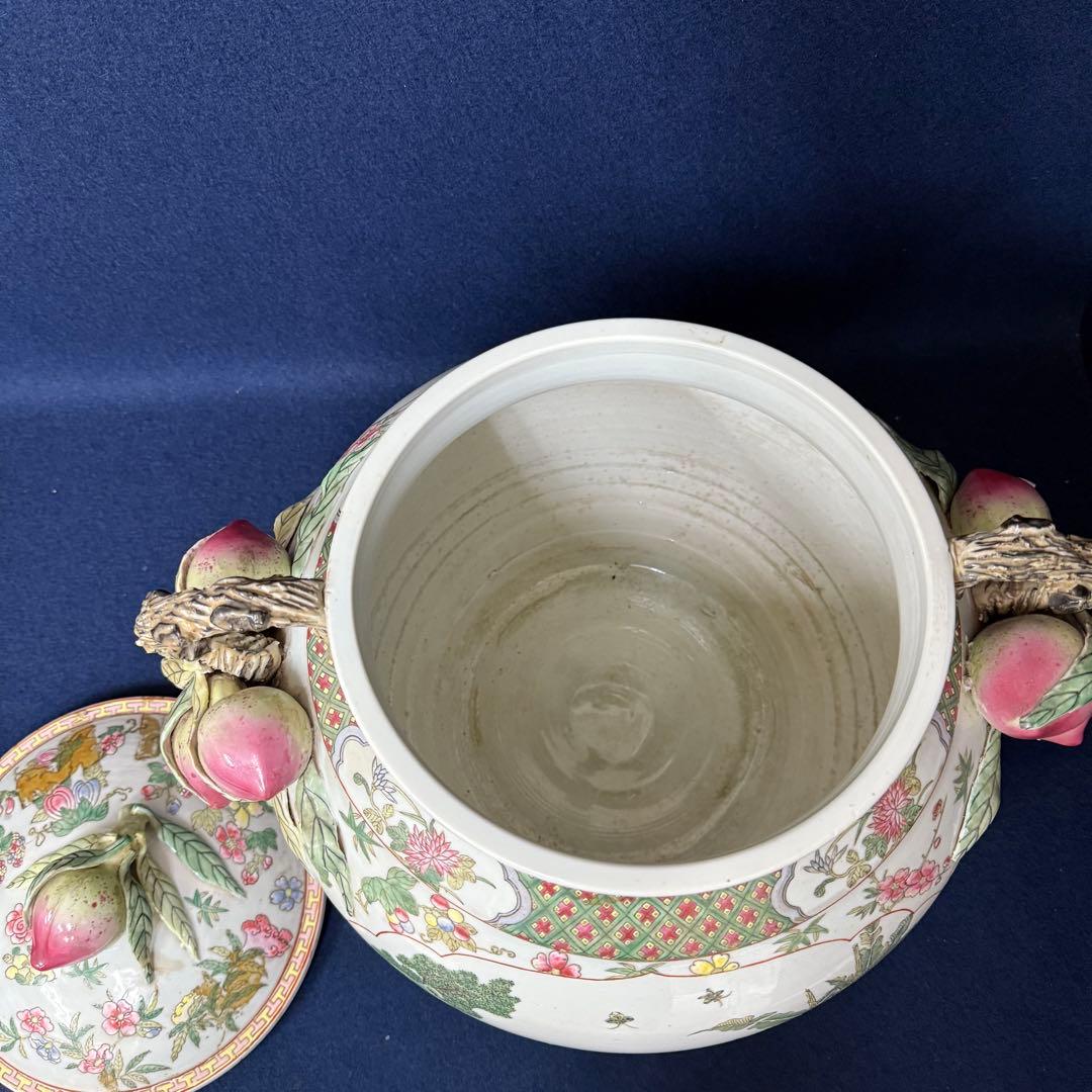 大清乾隆年製 大振り 蓋物 粉彩 桃 唐子 中国 唐物 時代 古玩 蔵出 骨董品