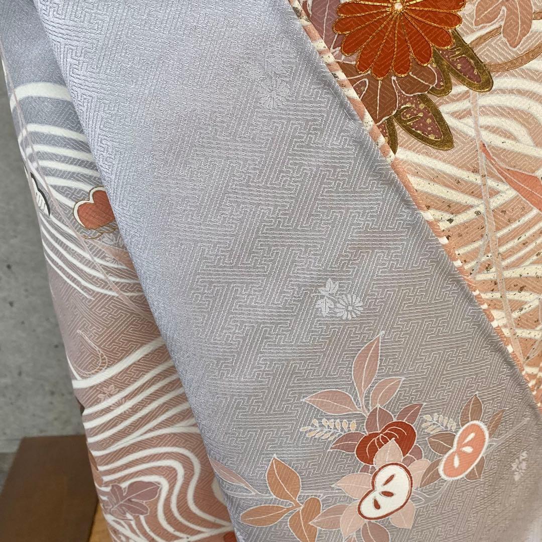 正絹　訪問着　一部金駒　薄いブルーグレー　袷