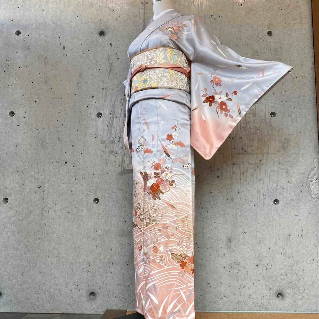 正絹　訪問着　一部金駒　薄いブルーグレー　袷