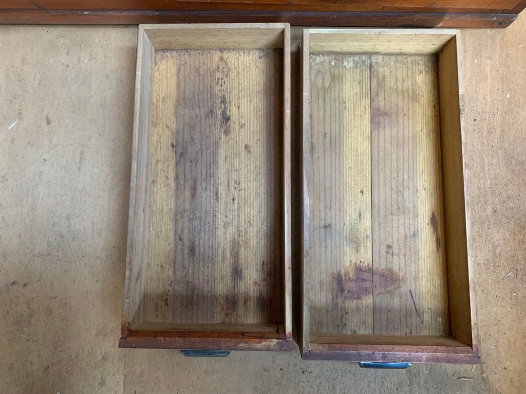 古い木全面モールガラス　収納陳列棚引き出し4杯　レトロ昭和ガラス古家具