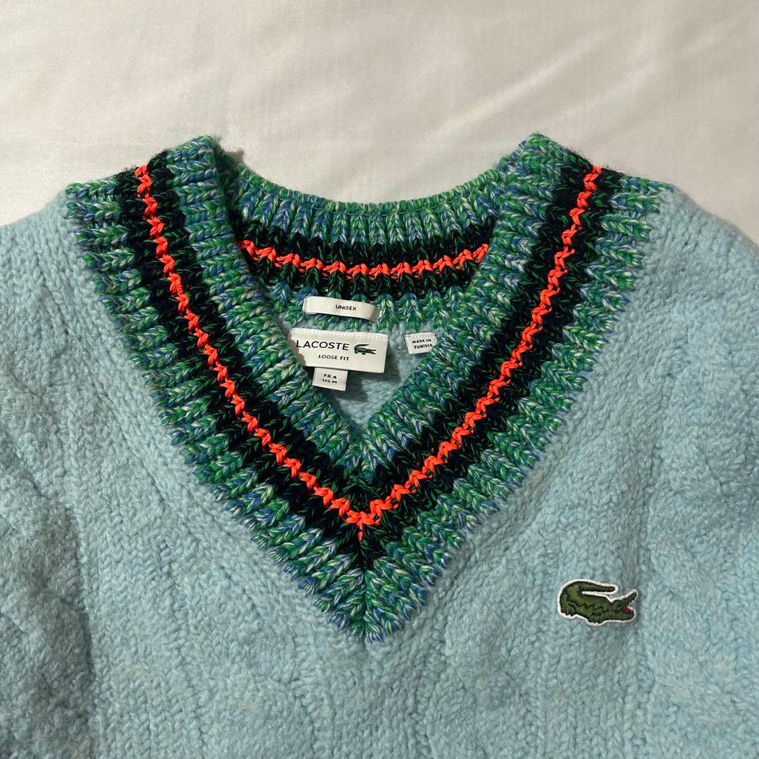 完売品 Lacoste デコラティブリブニットチルデンセーター ウール ロゴあり