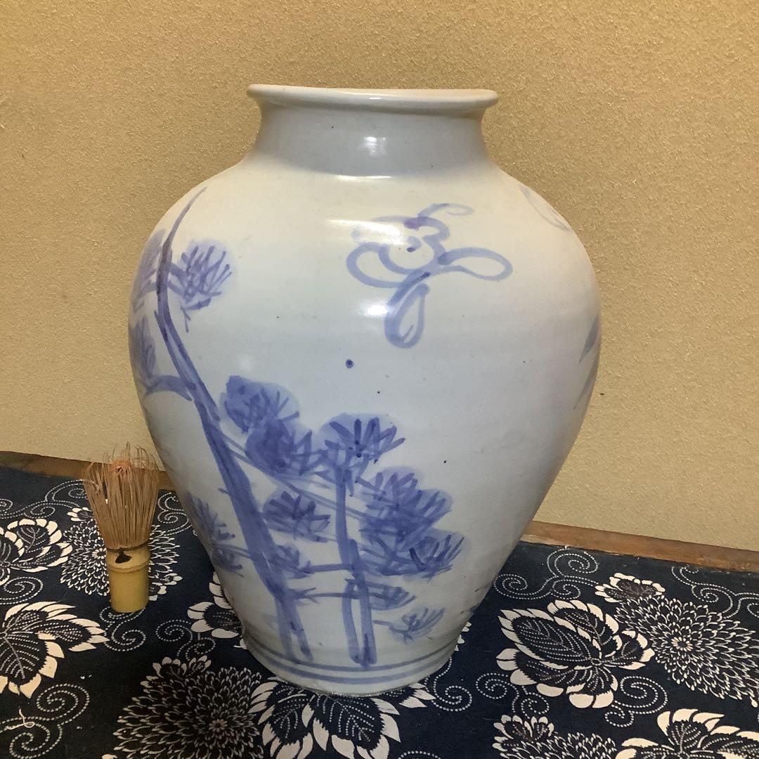 李朝　朝鮮　壺　大壺　花器　花瓶　松笹紋　砂高台　古伊万里・粉引・茶道好きにも