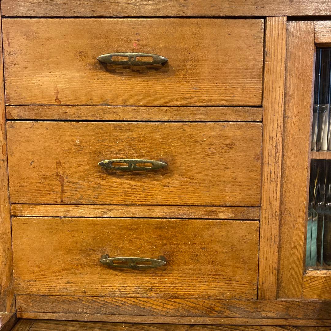 無垢材　モールガラス　水屋箪笥　昭和レトロ