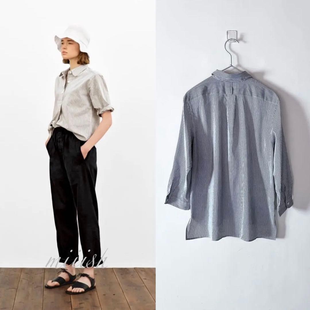 新品タグ付 マーガレットハウエル コットンシルク丸襟ストライプシャツ 3.4万