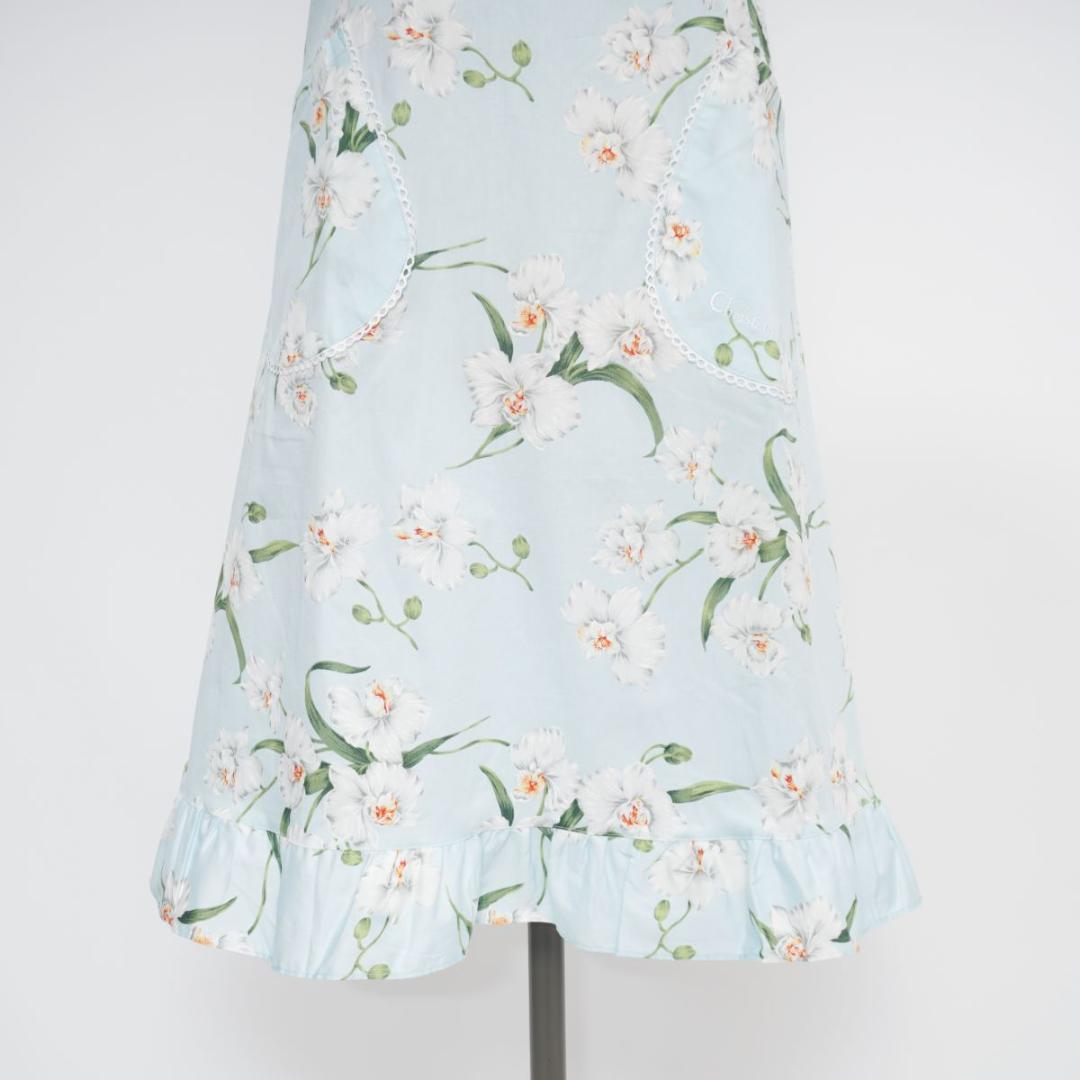 新品 クリスチャンディオール 花柄プリントエプロン 水色 サイズF*LD188
