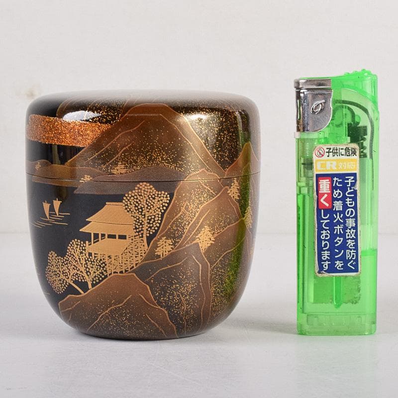 茶道具　漆匠　前端春斉作　山水蒔絵　内銀溜　黒棗　共箱　V　R8487