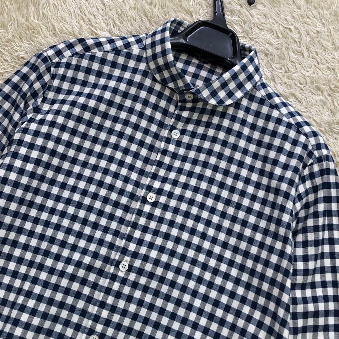 45R シャツ 長袖 丸襟 ギンガムチェック コットン Rステッチ刺繍 サイズ3
