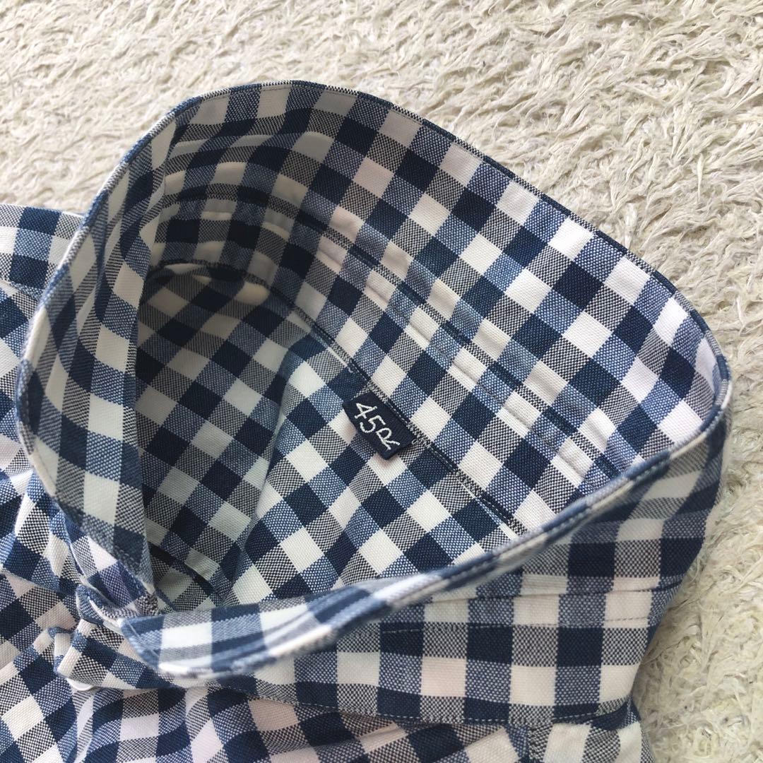 45R シャツ 長袖 丸襟 ギンガムチェック コットン Rステッチ刺繍 サイズ3