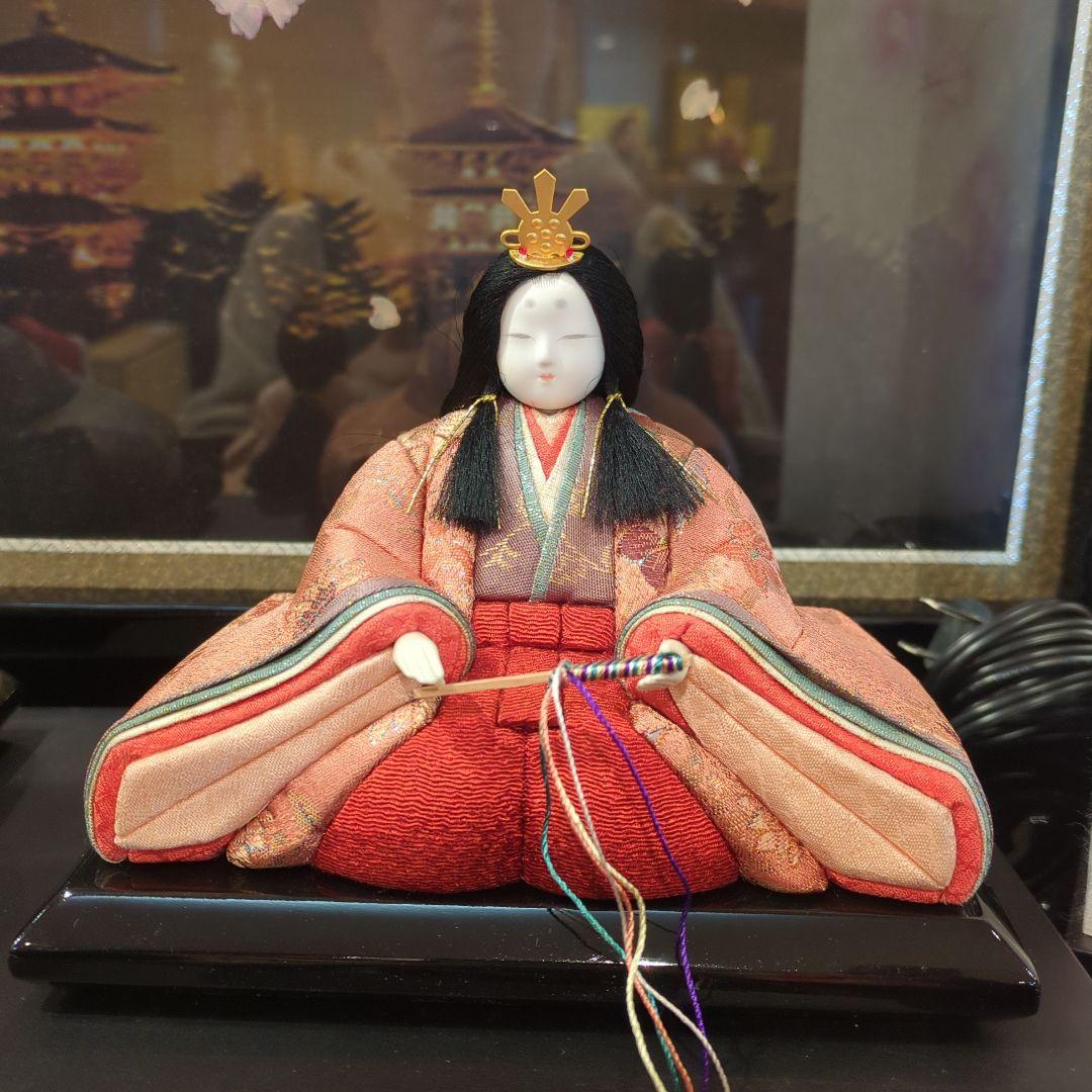 木村一秀作　木目込雛人形 5体セット 伝統的な衣装収納箱入押　桜押花屏風