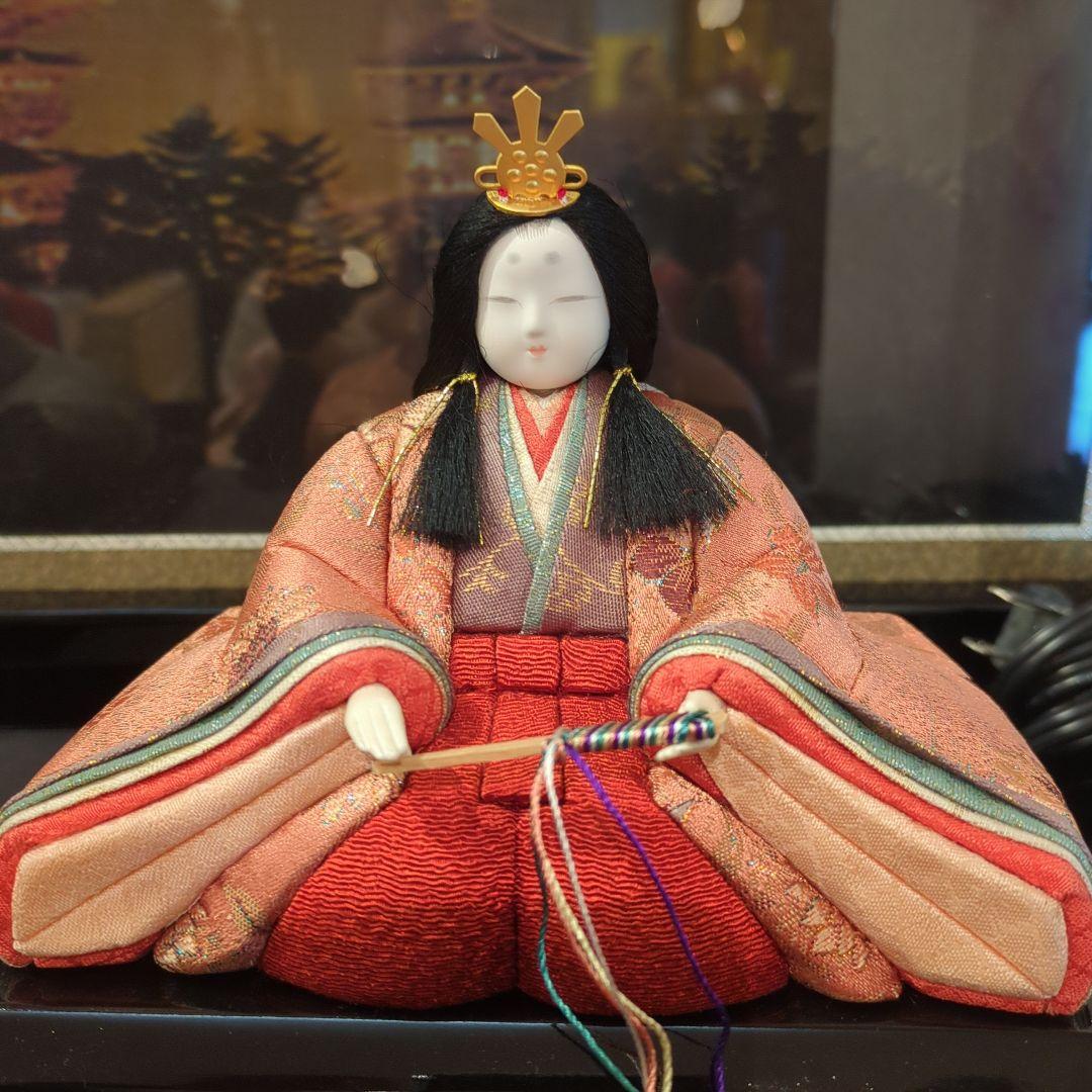 木村一秀作　木目込雛人形 5体セット 伝統的な衣装収納箱入押　桜押花屏風