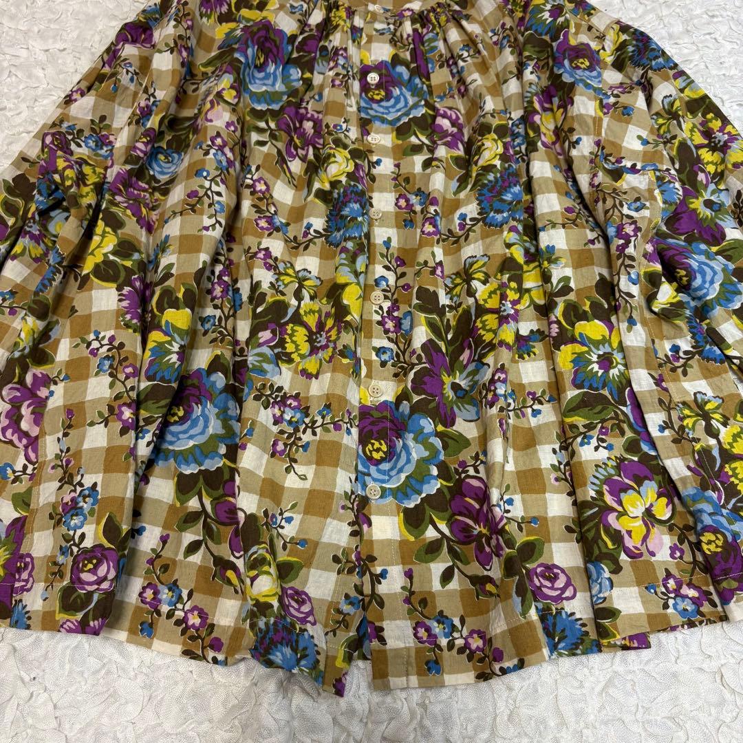 45r インドカディフラワーギンガムプリントのくしゅくしゅブラウス