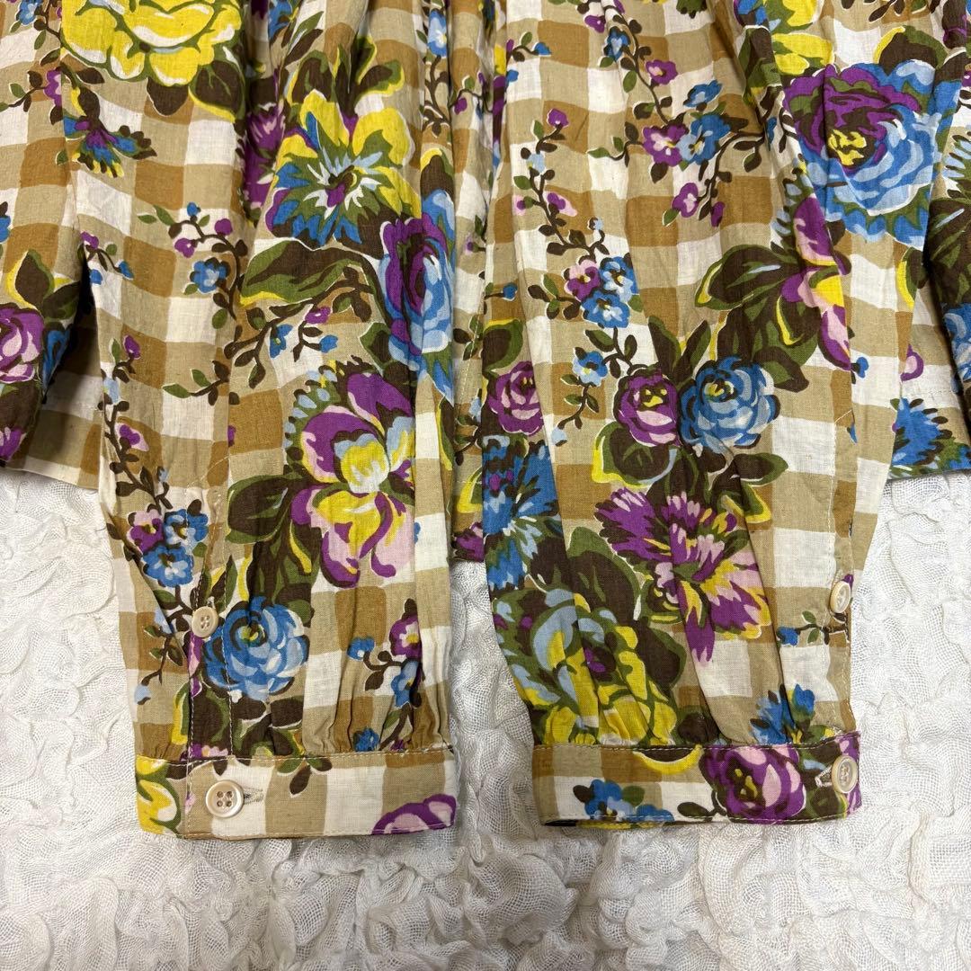 45r インドカディフラワーギンガムプリントのくしゅくしゅブラウス