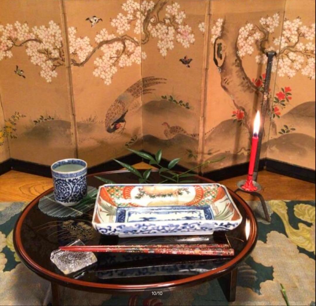 A1056 古伊万里　懐石道具　錦手　窓絵流水菖蒲紋様　隅入長皿　2枚