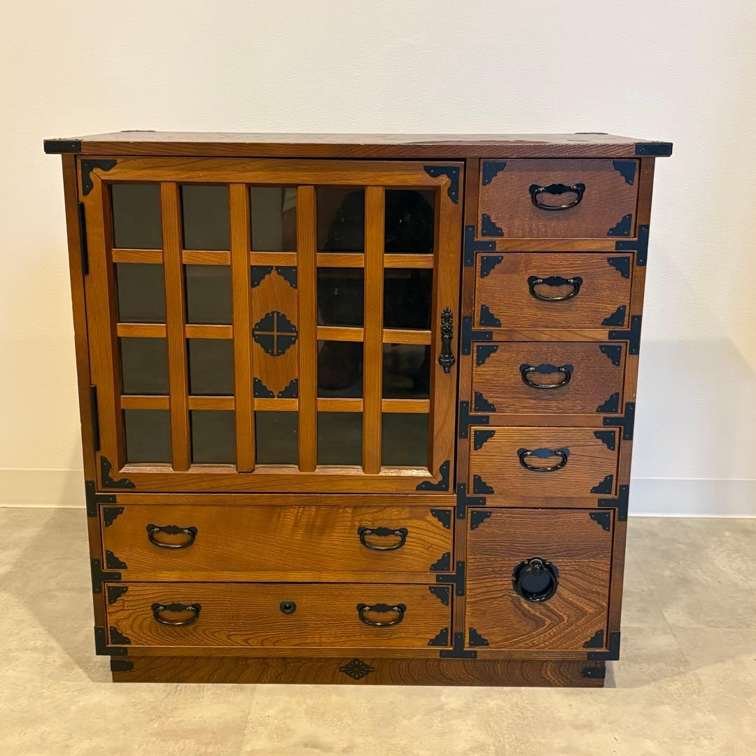 茶箪笥　和箪笥　収納棚　小箪笥　ガラス扉付き　レトロ　茶棚