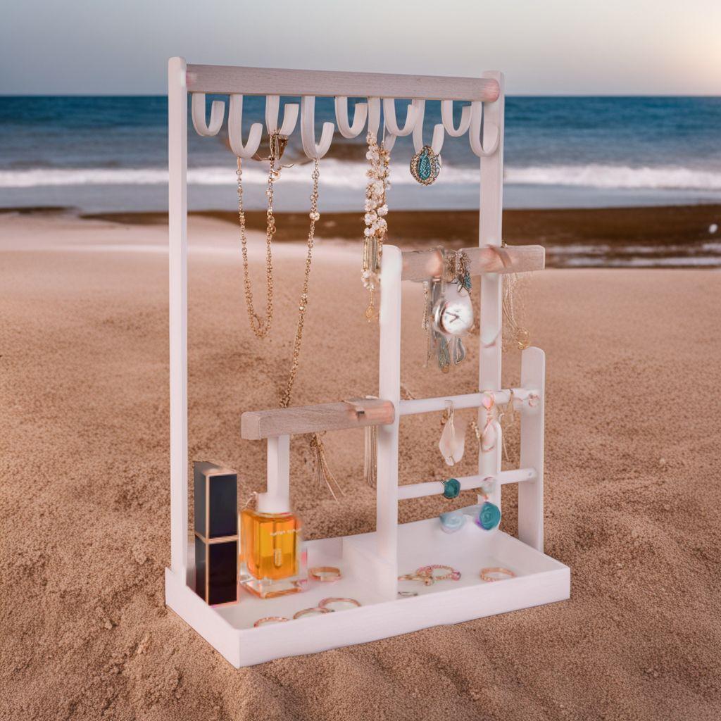 木製バーと10個フックのアクセサリースタンド