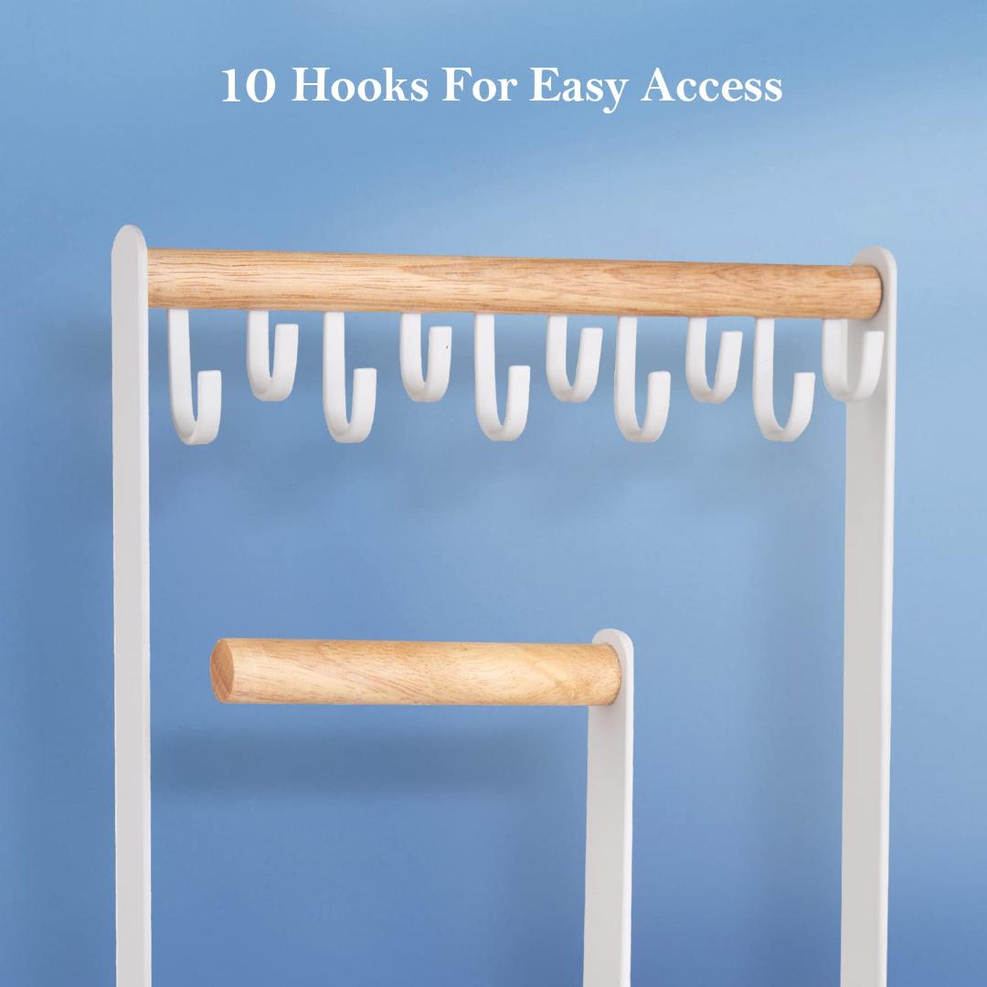 木製バーと10個フックのアクセサリースタンド