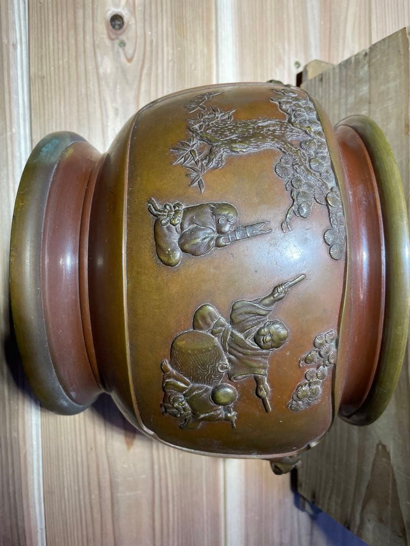 専用　義正　唐子　仙徳火鉢　大型　約5.5kg【m195 大正火鉢　仙徳銅器　】