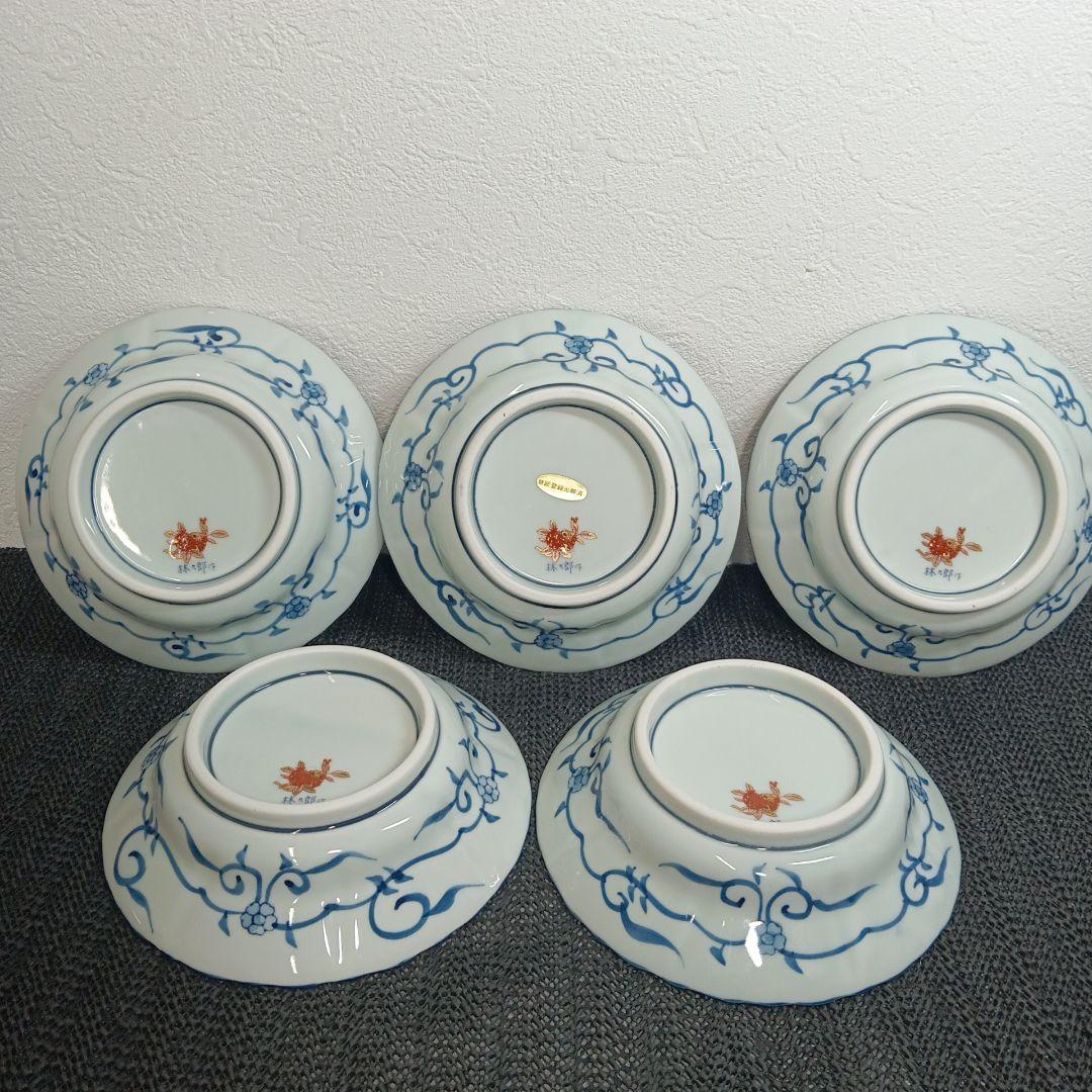 【美品】有田焼 林九郎 染錦八方地紋 浅小鉢 古伊万里様式 豪華絢爛 5枚セット