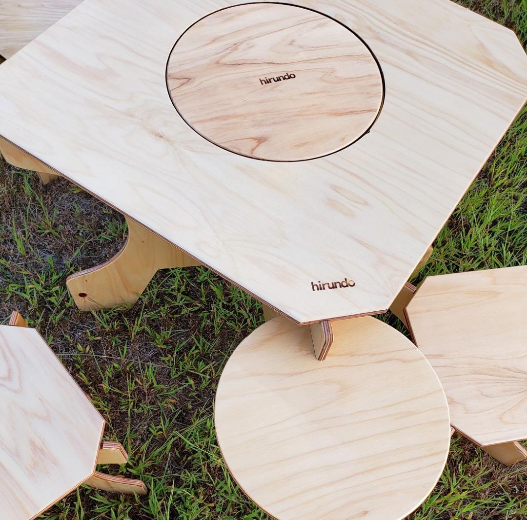 (B品・傷あり)組立式 七輪テーブル&チェア2脚セット　BBQ　七輪