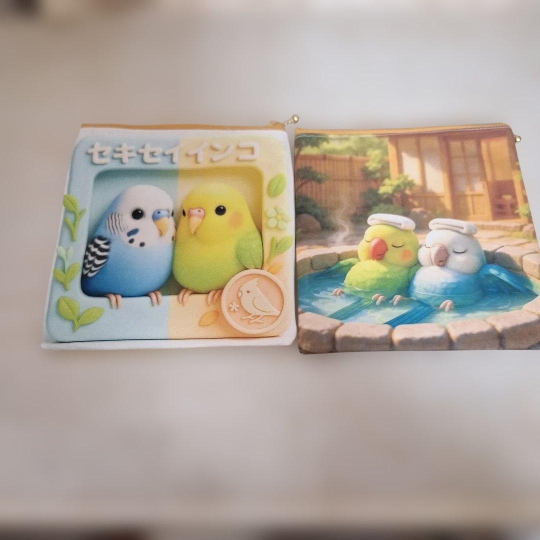 インコパネル生地　ハンドメイド　まちなしバッグ　フラットポーチ