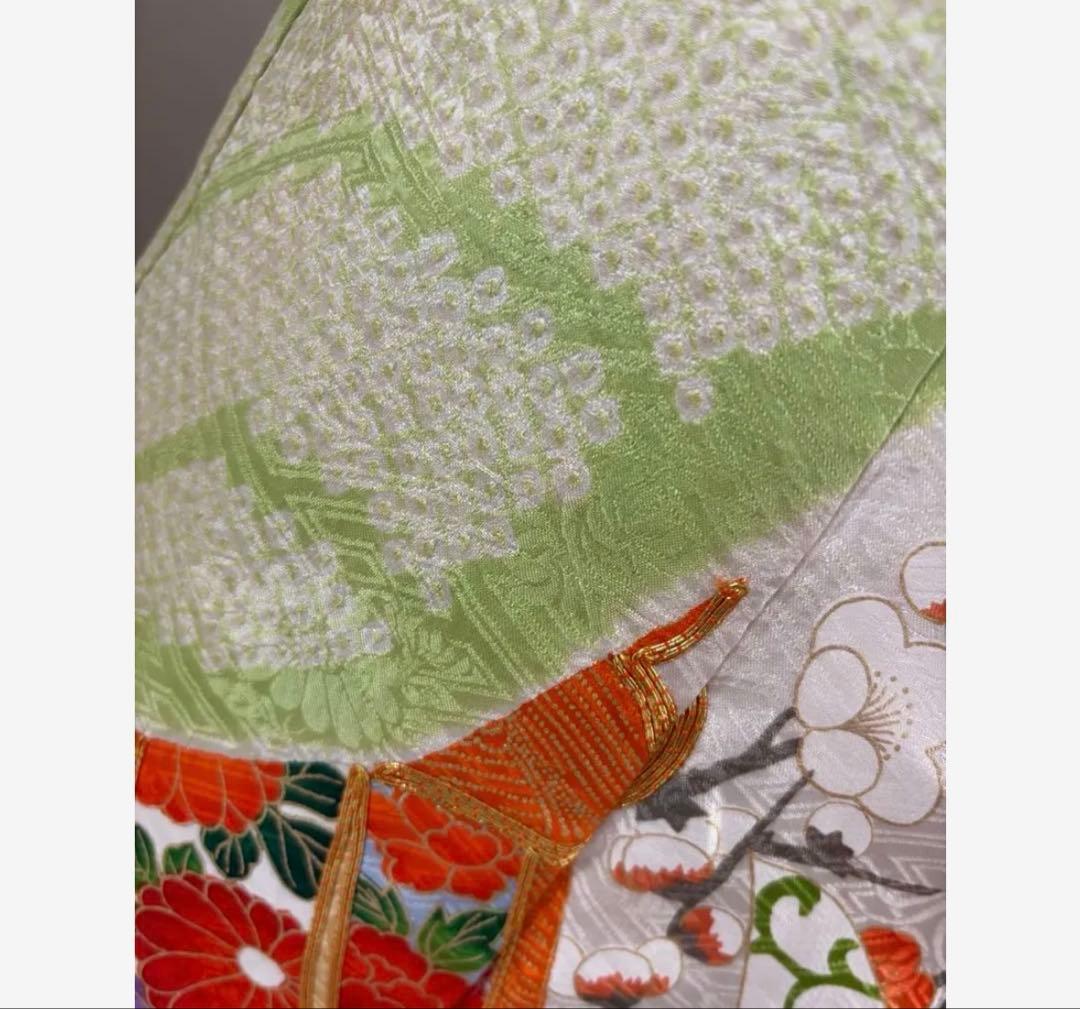 美品豪華刺繍振袖フルセット 鮮やかな花柄 緑・オレンジ