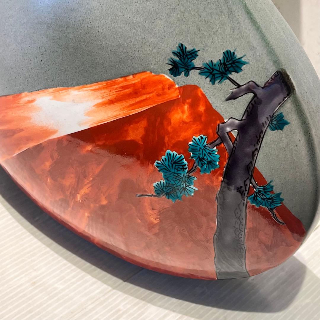 伝統工芸士　九谷焼　赤富士　花瓶　花器　山上義正作　陶器　陶芸　インテリア