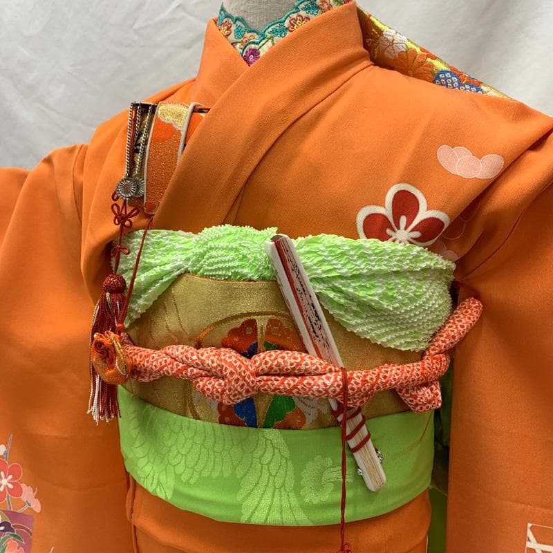 601ag31□七五三 七歳 女児 着物&袋帯 金彩 鶴 枝梅 絵札□美品