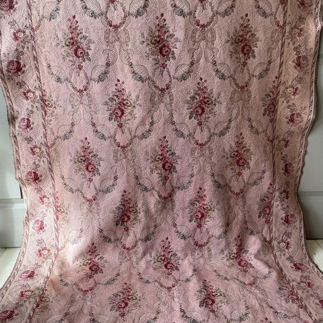 【大判】フランスアンティーク　ジャガード織り　ジャカード　生地　サーモンピンク