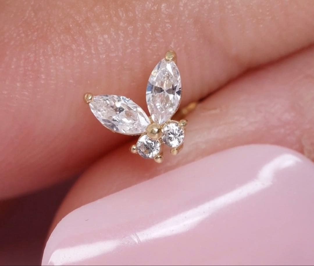 14K ソリッドゴールド シングル ミニ スパークル バタフライ ピアス