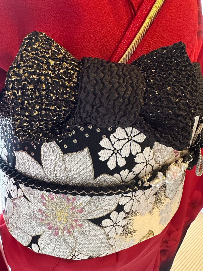 きもの友禅 正絹 振袖フルセット 振袖一式 着付けセット 人気 赤×黒 振袖