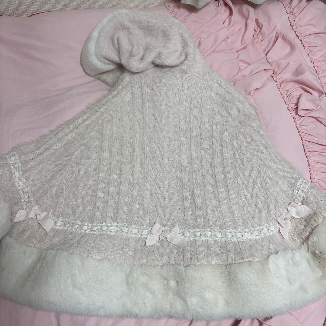 【LIZLISA】リズリサ ダブルリボンニットファーポンチョ ピンク