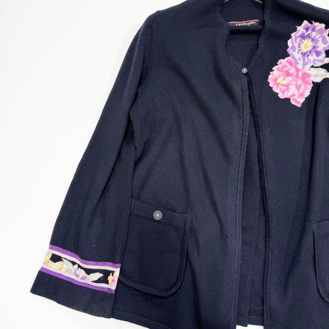 【美品✨】レオナール　カーディガン　羽織り　トリム　花柄　カシミヤ混　LL