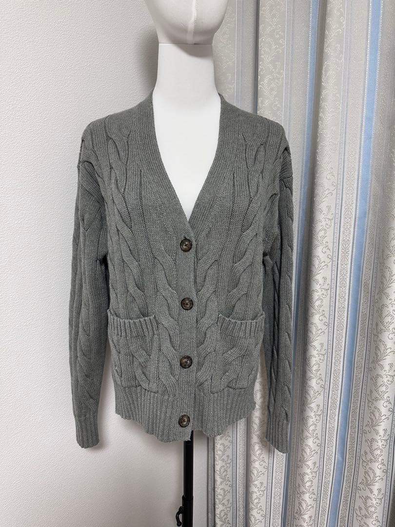 ポロラルフローレン カーディガン ケーブルニット グレー 刺繍ロゴ　S-M 綿