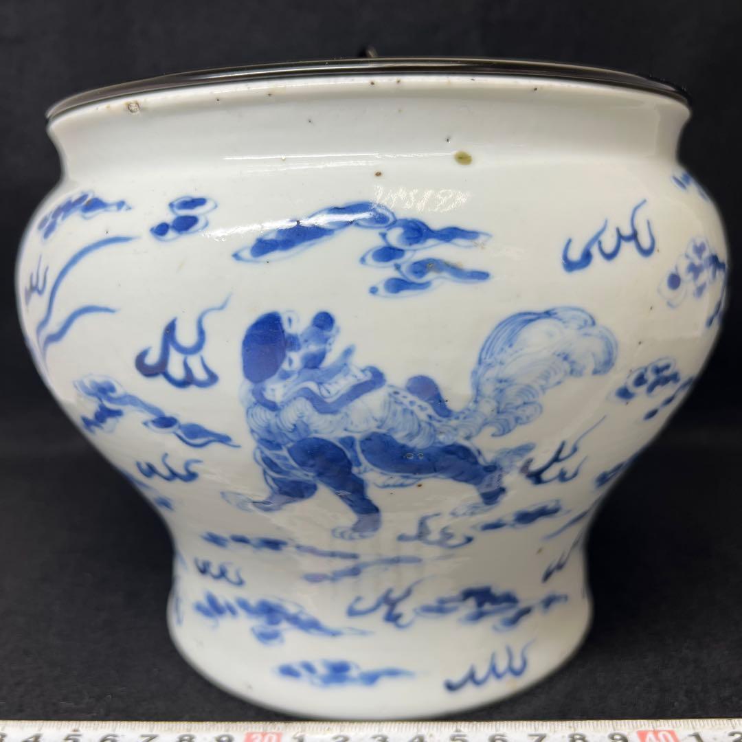 中国清時代　新渡青花雲龍図　水指　木箱付直径20㎝　トサエ東な7-1011☆2F