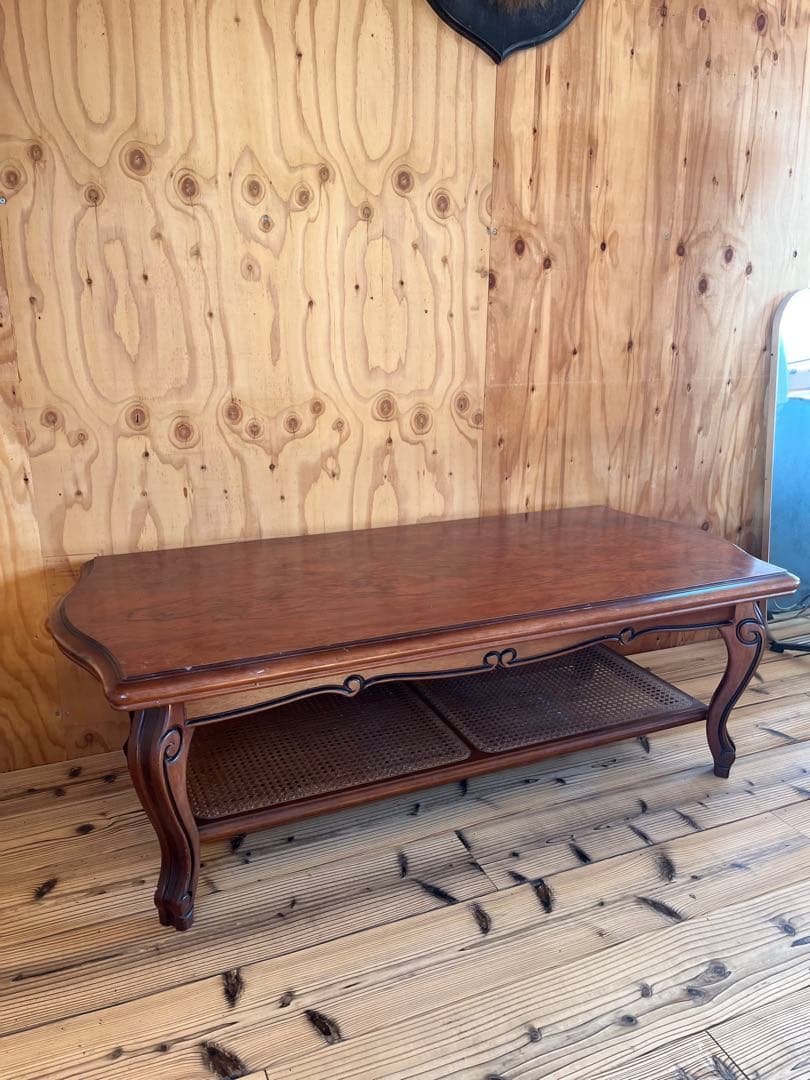 古いローテーブル木製座卓 籐収納棚付きアンティークヴィンテージレトロ