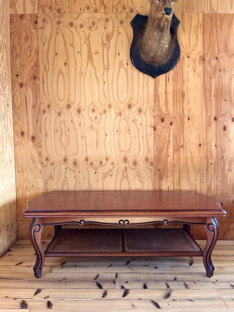 古いローテーブル木製座卓 籐収納棚付きアンティークヴィンテージレトロ