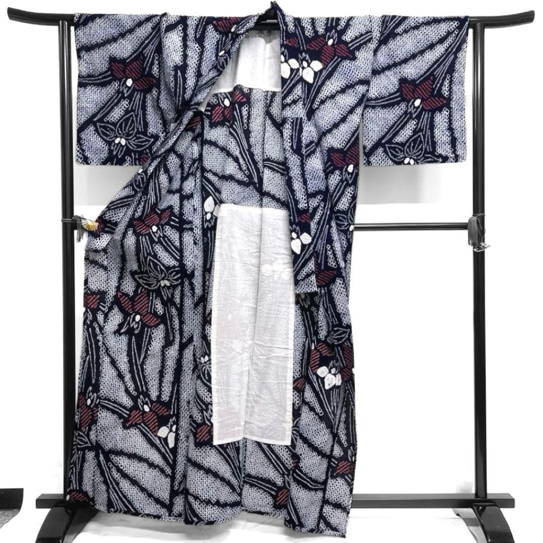 浴衣　有松鳴海絞り　桐の花　ネイビー　藍染　リーフ　着物　063a d